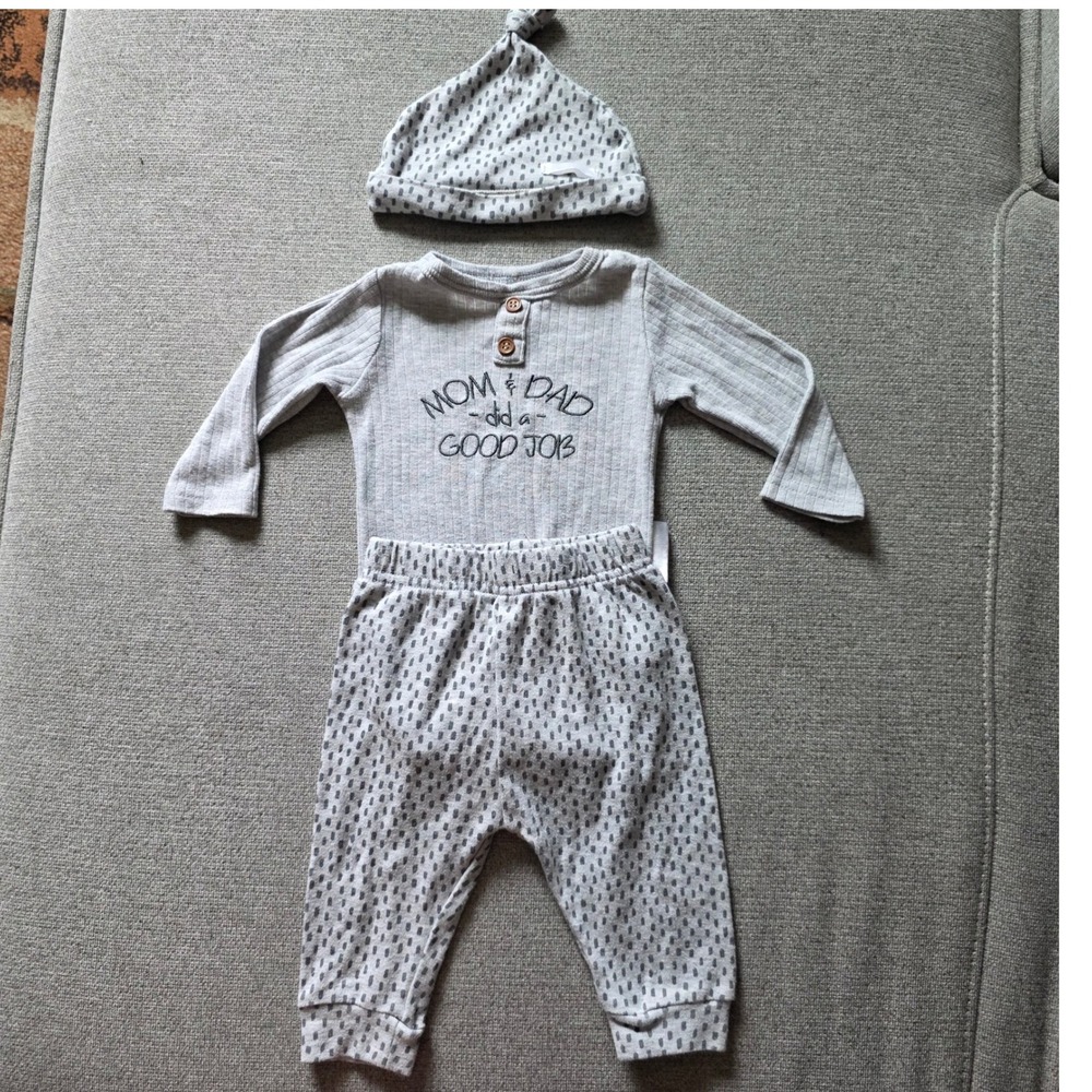 Baby Grey Ribbed Henley Bodysuit Joggers and Hat 3PC Set 6-9 Months